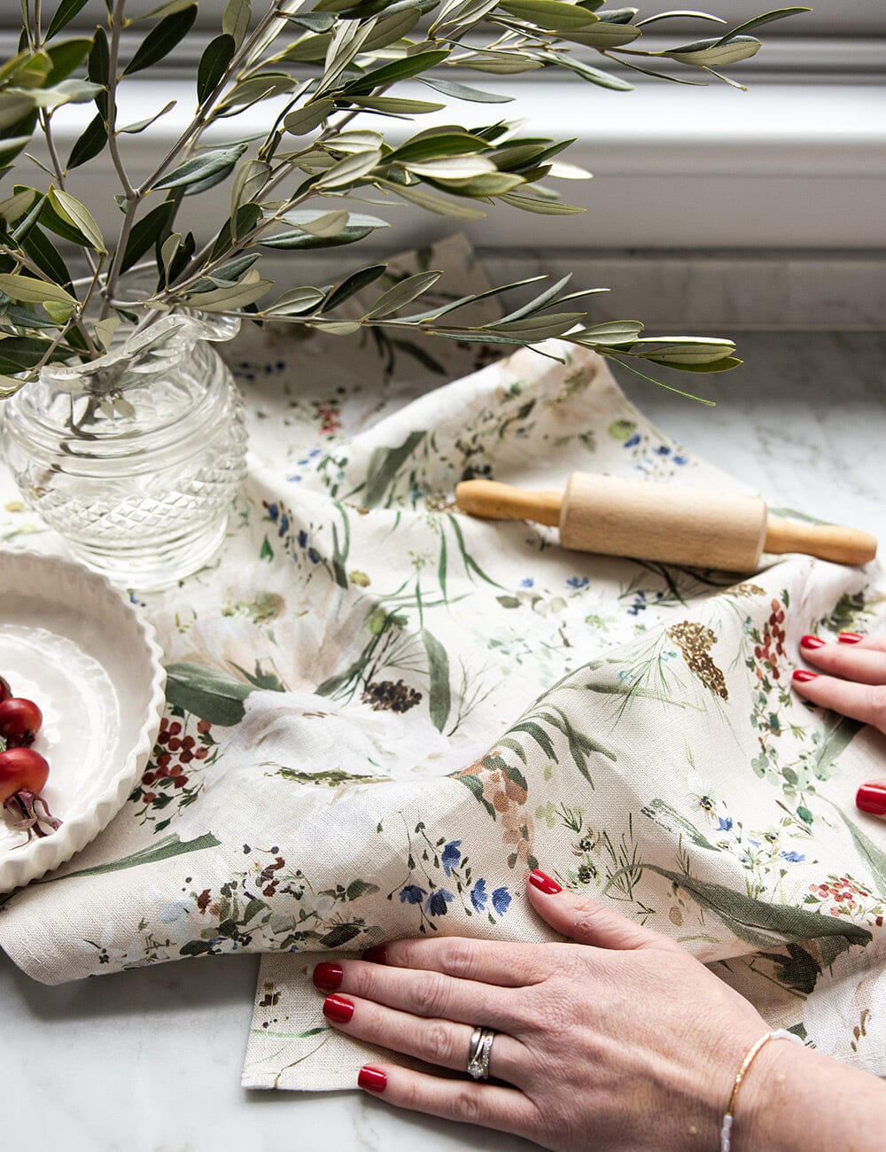 Summer Peonies Linen Tea Towel in Blush