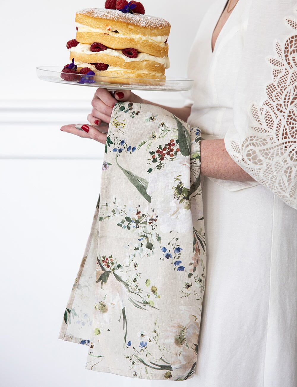 Summer Peonies Linen Tea Towel in Blush